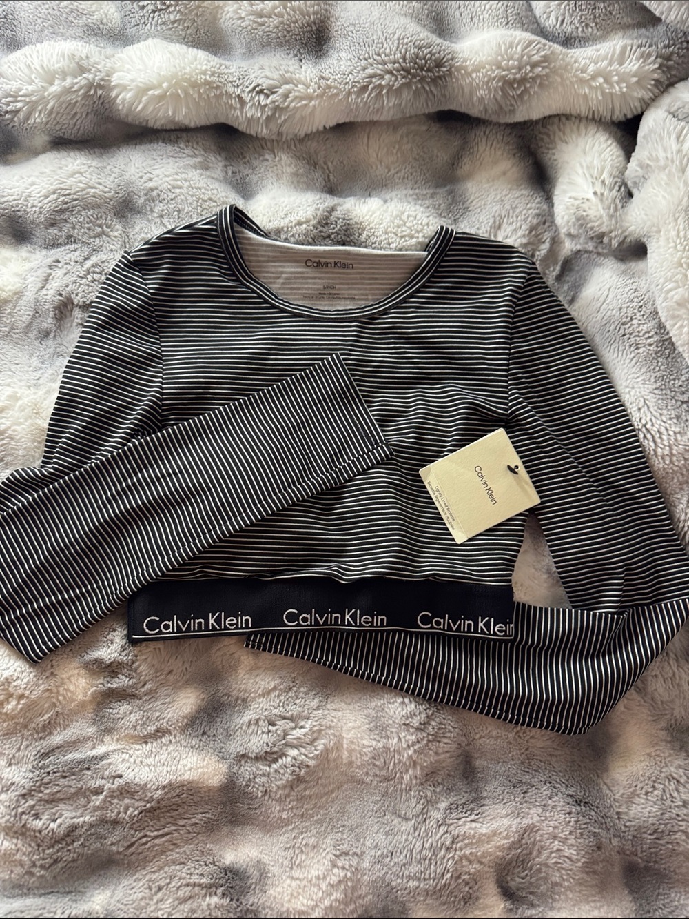 Calvin Klein Black & White Striped Long-Sleeve Crop Top with Logo Band